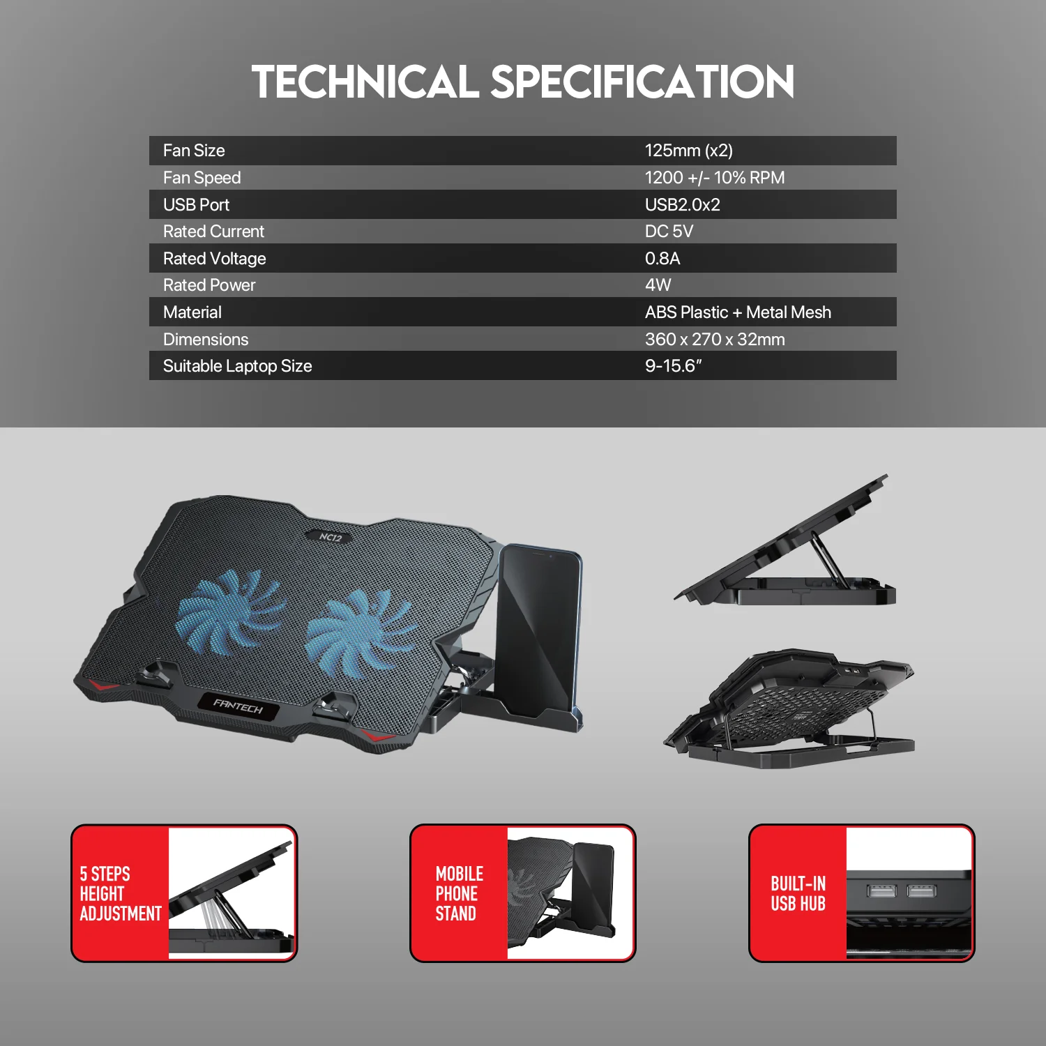 Fantech NoteBook Cooler NC12 Two Fan Suitable For 9-15.6 Inch Laptop Fantech NoteBook Cooler NC12 Two Fan Suitable For 9-15.6 Inch Laptop